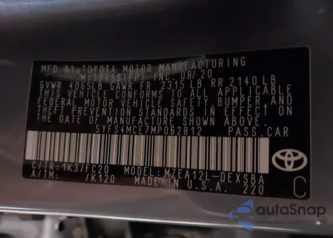 2021 Toyota Corolla Se z USA, uszkodzony, nr VIN 5YFS4MCE7MP062812